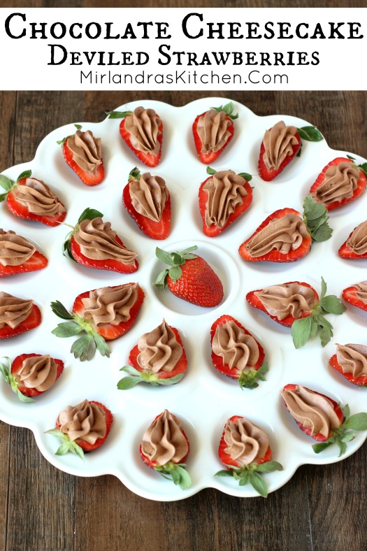 Creamy chocolate cheesecake filling is perfectly flavored and whipped, then spread unto strawberries for a elegant appetizer. Move over deviled eggs - there is a new "deviled" treat in town!