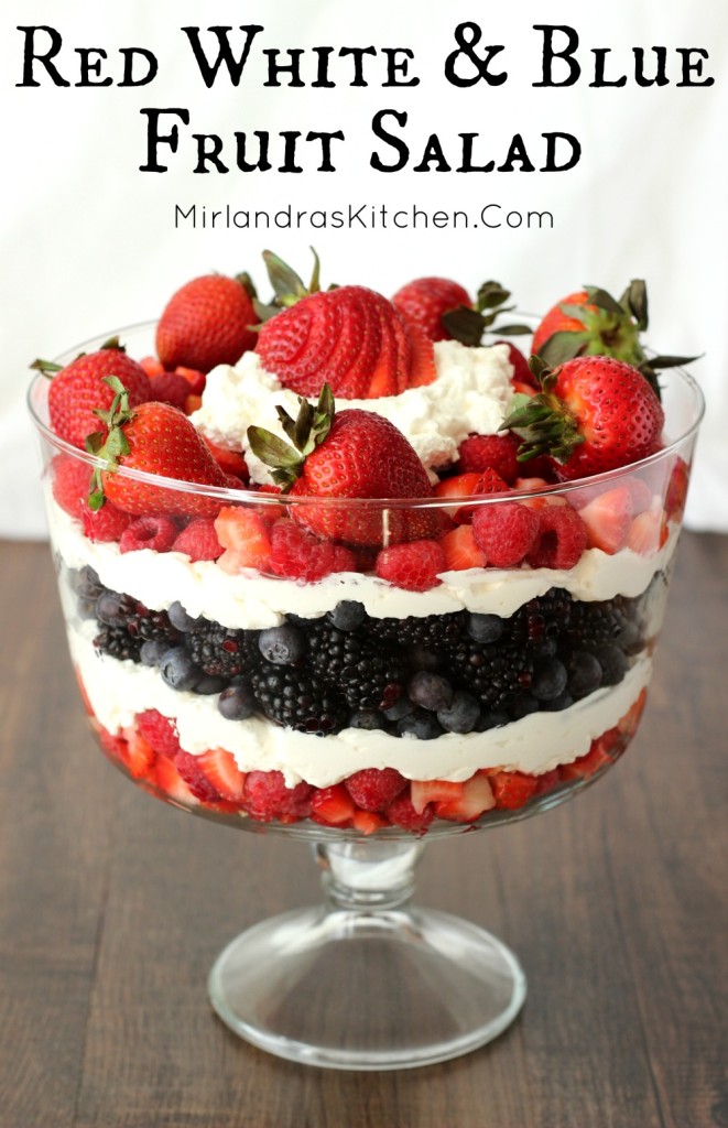 This patriotic fruit salad is full of our favorite berries and thick homemade whipped cream. It is the perfect treat for a BBQ, picnic, or brunch.